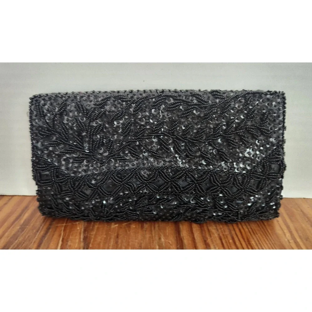 Vintage Black‎ Hand Beaded Clutch Snap Flap Formal Prom Evening Bag Classic